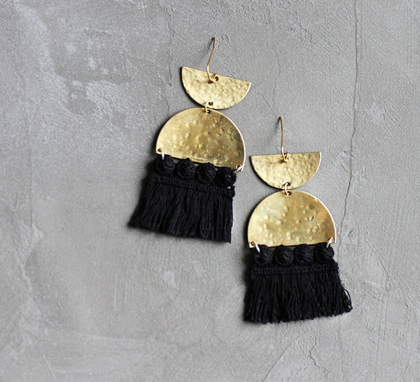 sura brass and black fringe statement earrings